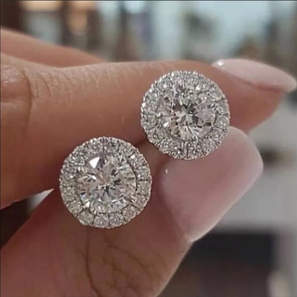 NEW 18K BRILLIANT CUT DIAMOND HALO STUD EARRINGS - Picture 3 of 7